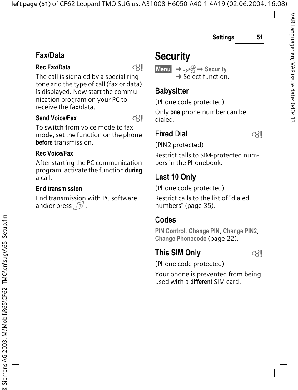 Security, Fax/data, Babysitter | Fixed dial b, Last 10 only, Codes, This sim only b | Siemens Mobile User Manual | Page 51 / 99