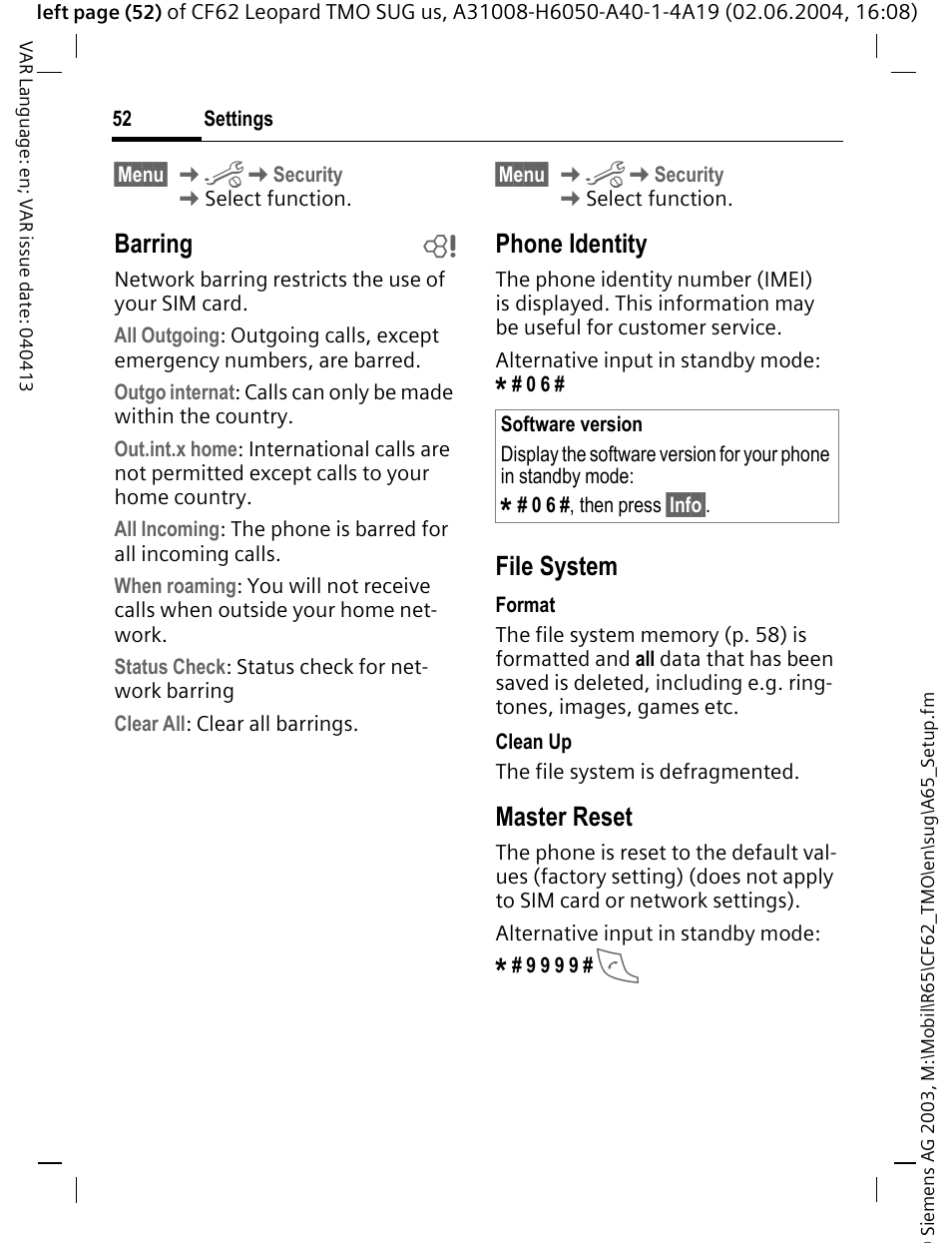 Barring b, Phone identity, File system | Master reset | Siemens Mobile User Manual | Page 52 / 99