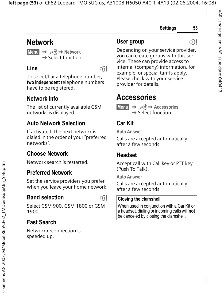 Network, Accessories, Line b | Network info, Auto network selection, Choose network, Preferred network, Band selection b, Fast search, User group b | Siemens Mobile User Manual | Page 53 / 99