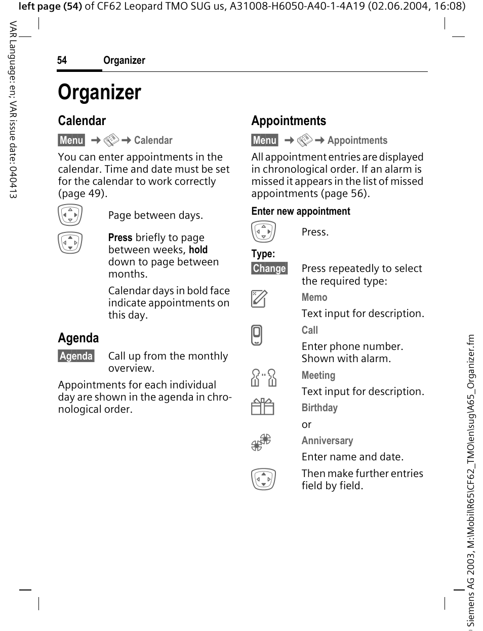 Organizer | Siemens Mobile User Manual | Page 54 / 99