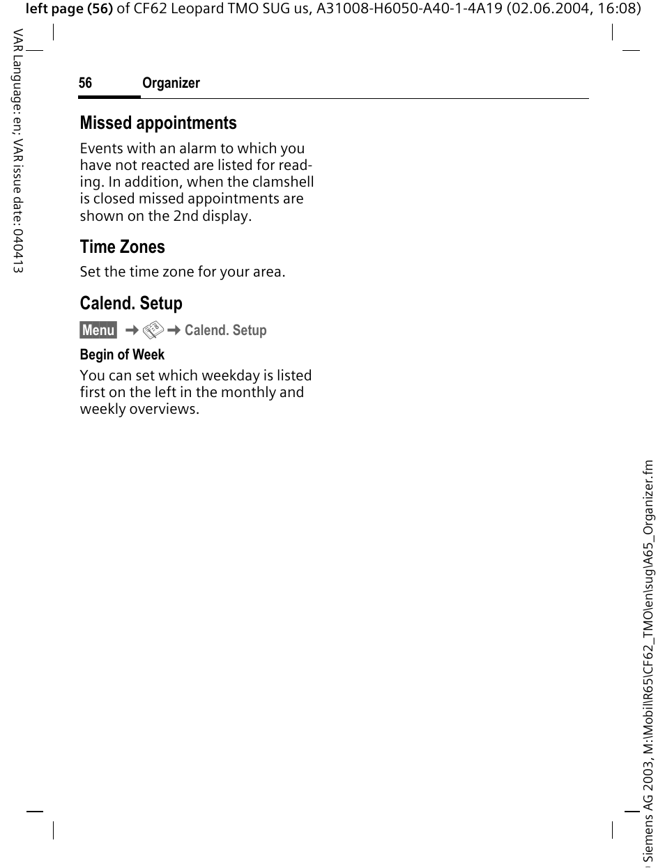 Missed appointments, Time zones, Calend. setup | Siemens Mobile User Manual | Page 56 / 99