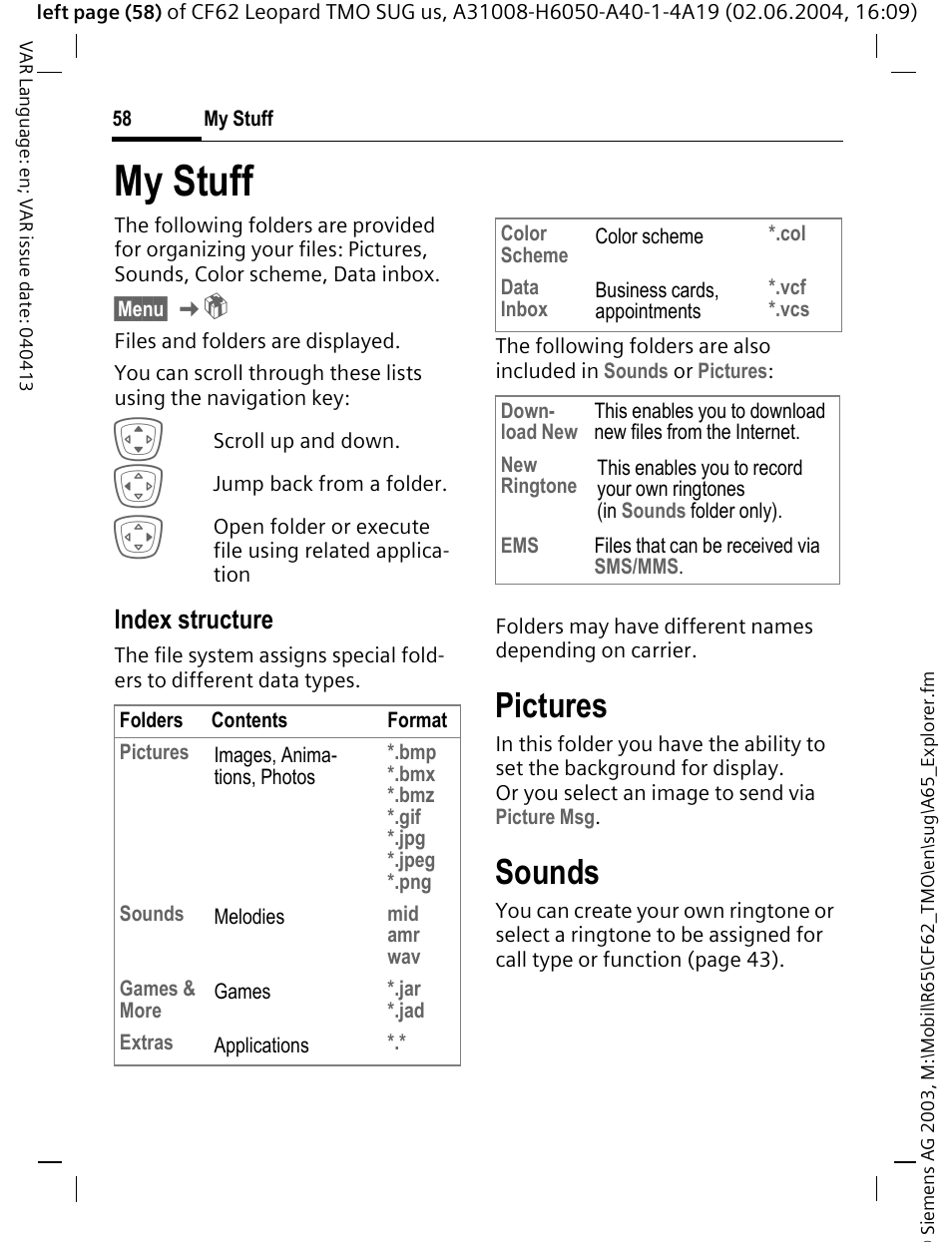 My stuff, Pictures, Sounds | Index structure | Siemens Mobile User Manual | Page 58 / 99