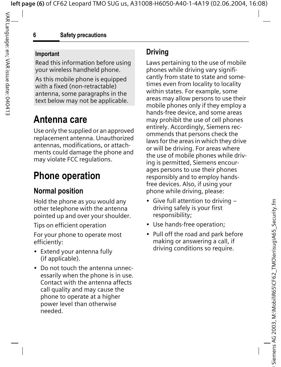 Antenna care, Phone operation, Normal position | Driving | Siemens Mobile User Manual | Page 6 / 99