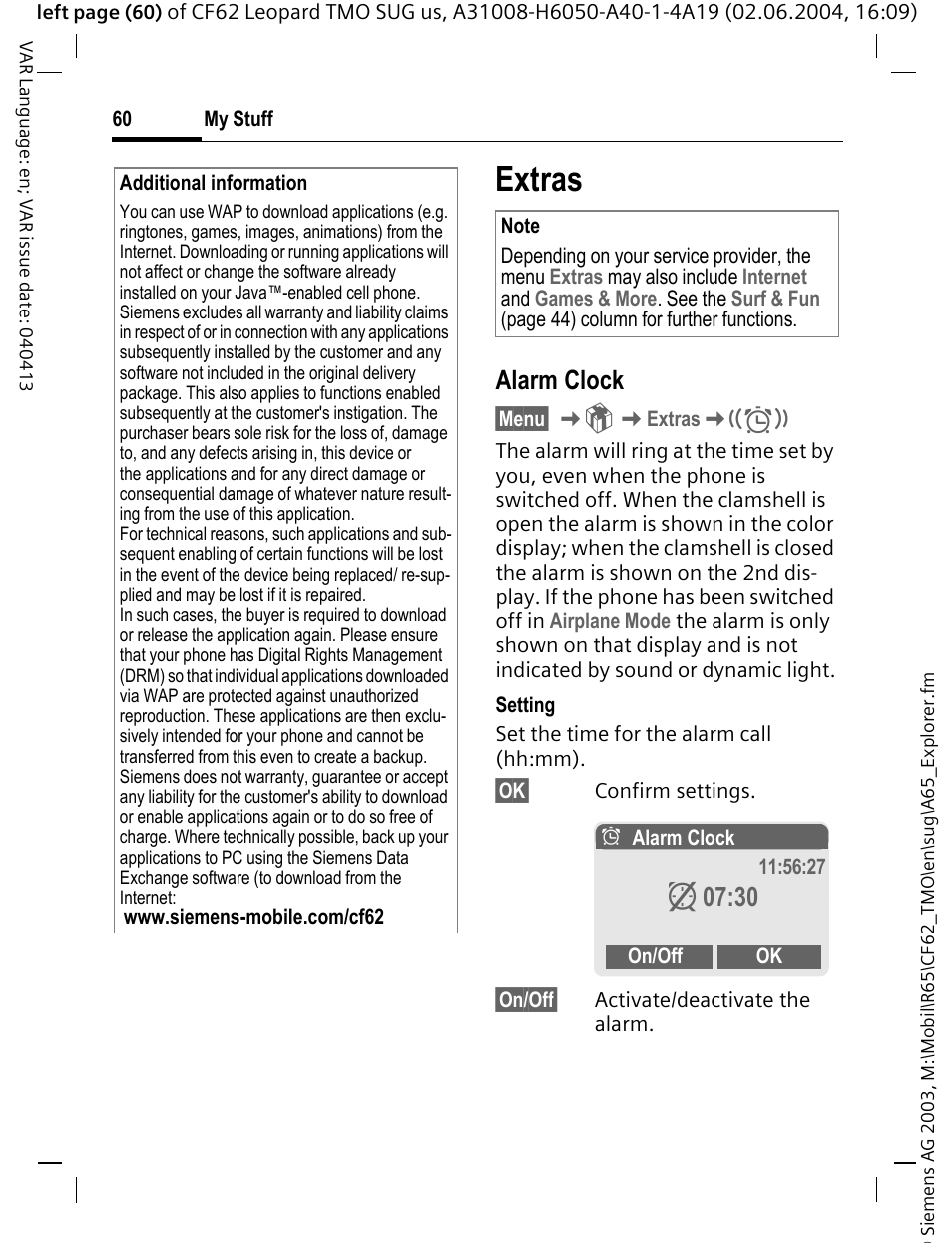 Extras, Alarm clock, Z 07:30 | Siemens Mobile User Manual | Page 60 / 99