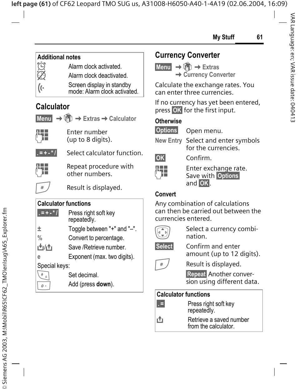 Calculator, Currency converter | Siemens Mobile User Manual | Page 61 / 99