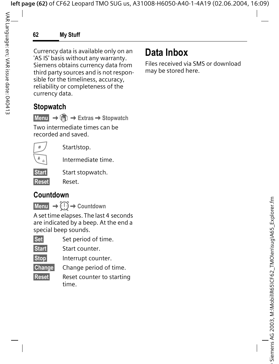 Data inbox, Stopwatch, Countdown | Siemens Mobile User Manual | Page 62 / 99