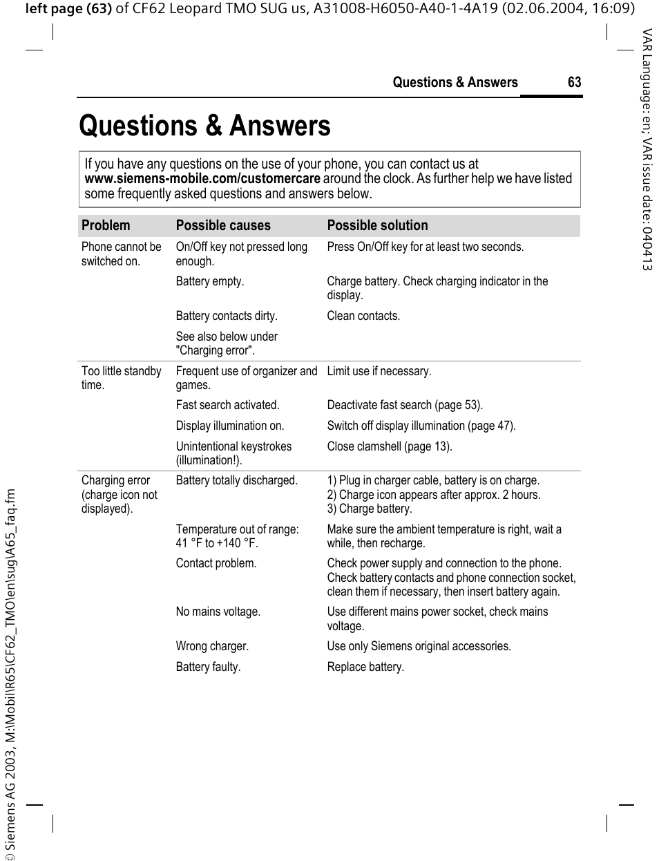 Questions & answers | Siemens Mobile User Manual | Page 63 / 99