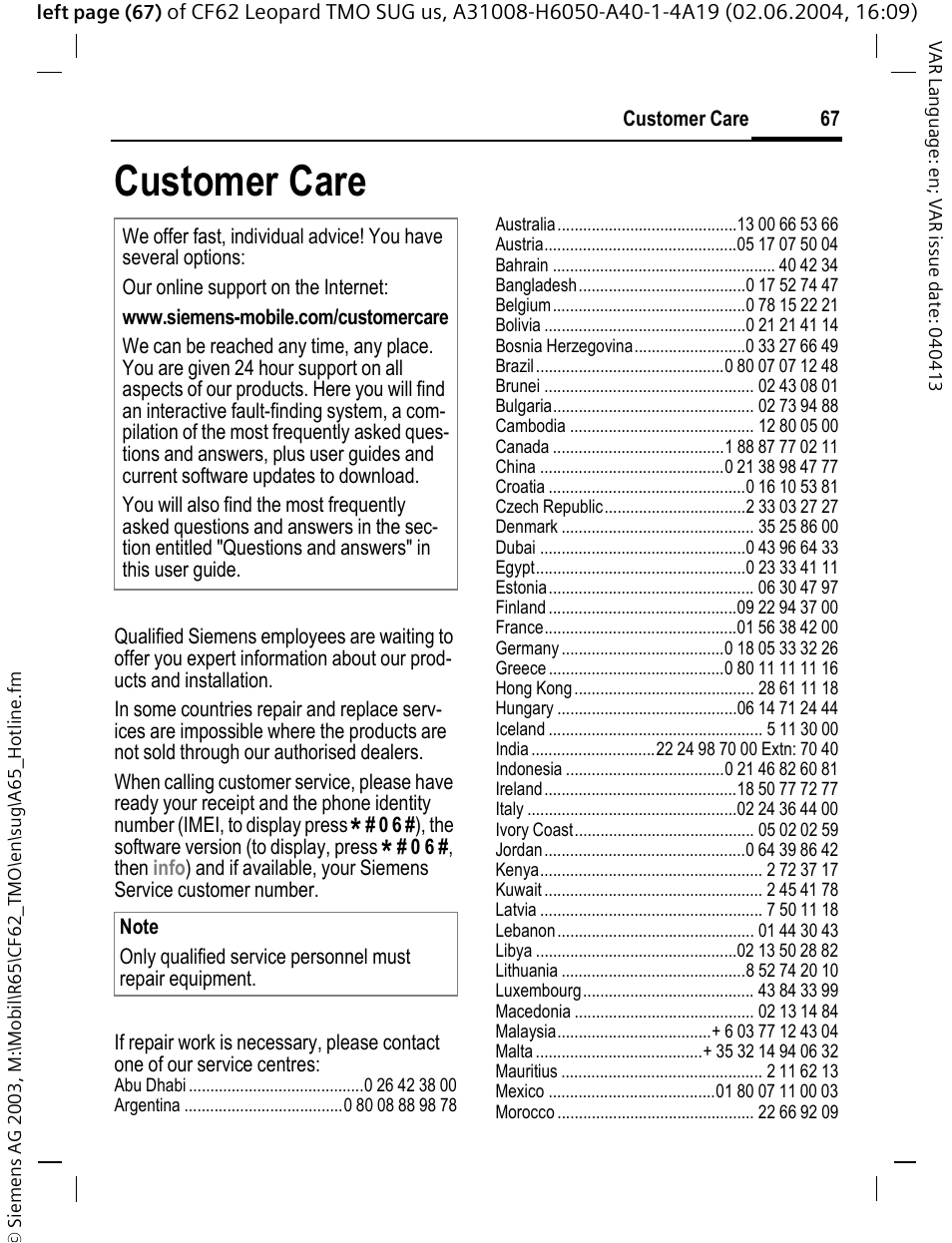 Customer care | Siemens Mobile User Manual | Page 67 / 99