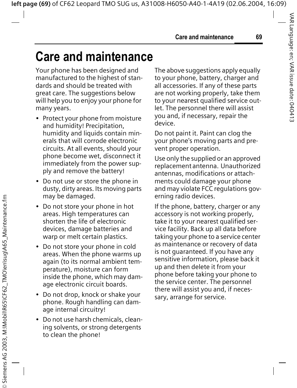 Care and maintenance | Siemens Mobile User Manual | Page 69 / 99