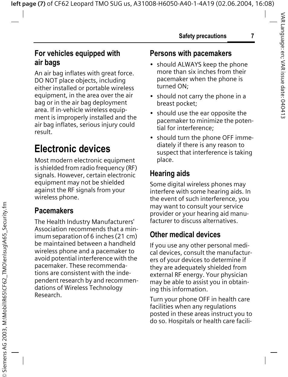 Electronic devices, For vehicles equipped with air bags, Pacemakers | Persons with pacemakers, Hearing aids, Other medical devices | Siemens Mobile User Manual | Page 7 / 99