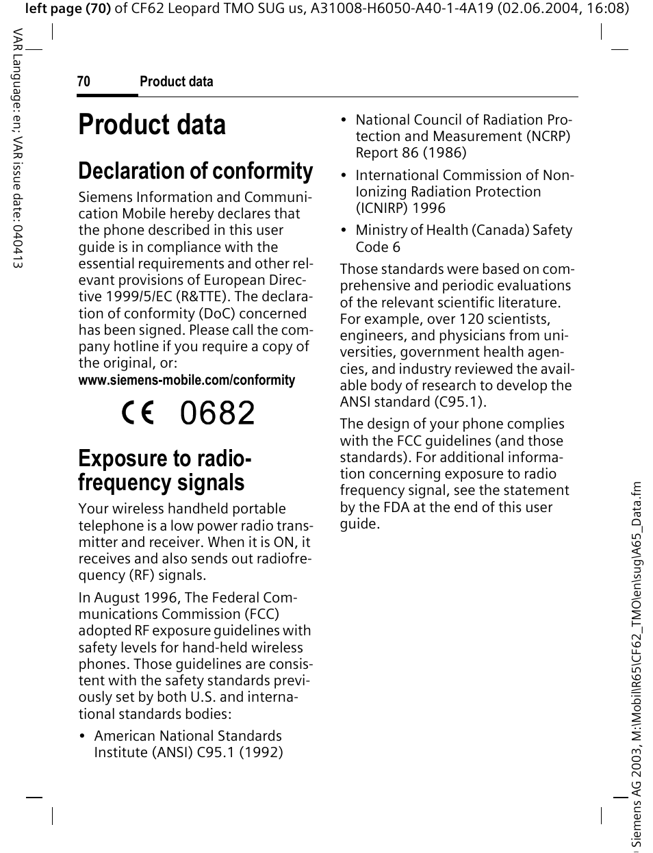 Product data, Declaration of conformity, Exposure to radio- frequency signals | Siemens Mobile User Manual | Page 70 / 99