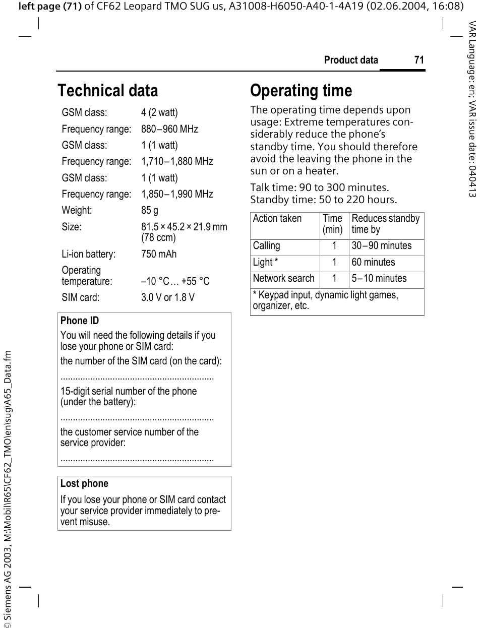 Technical data, Operating time | Siemens Mobile User Manual | Page 71 / 99