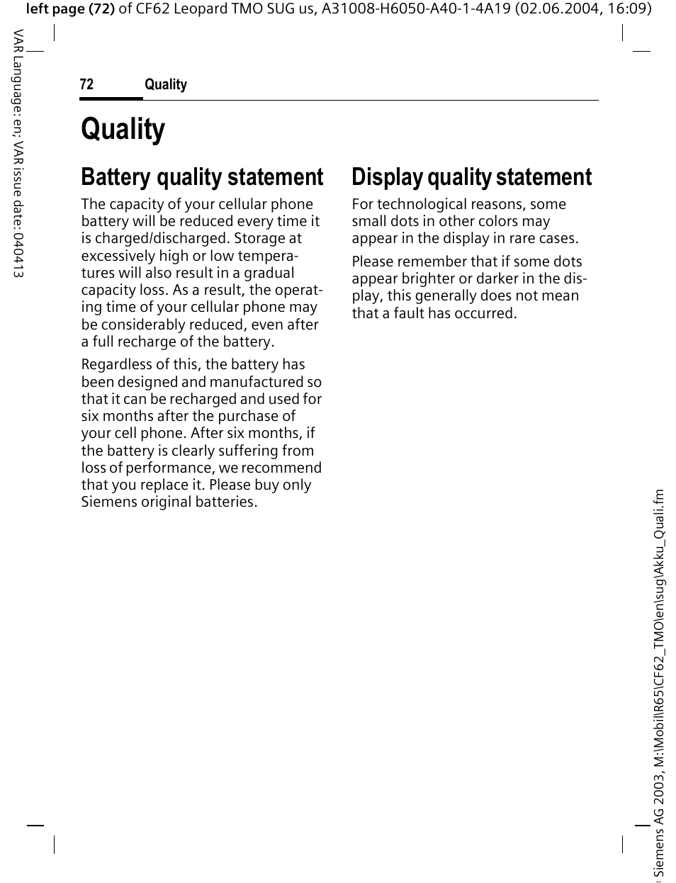 Quality, Display quality statement, Battery quality statement | Siemens Mobile User Manual | Page 72 / 99