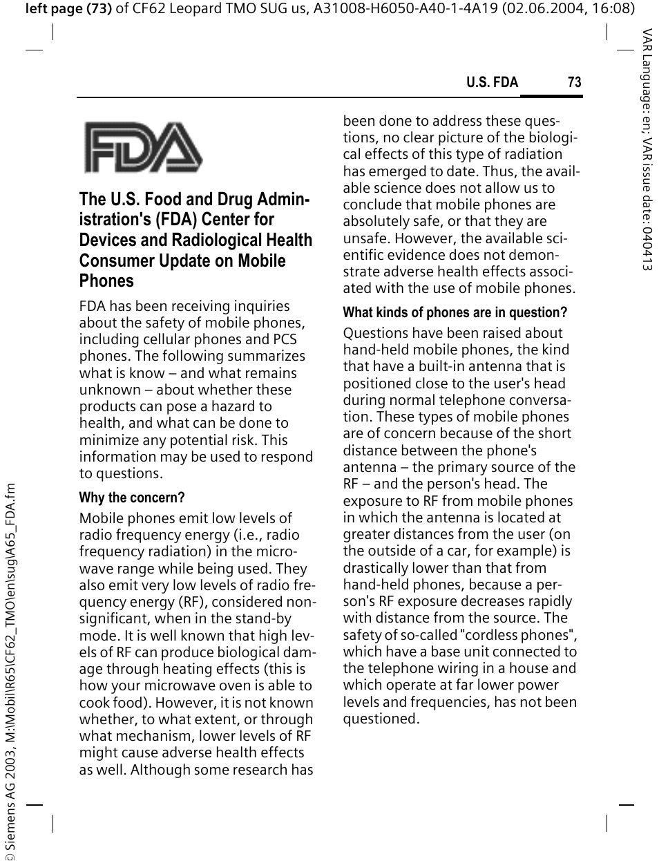 U.s. fda | Siemens Mobile User Manual | Page 73 / 99