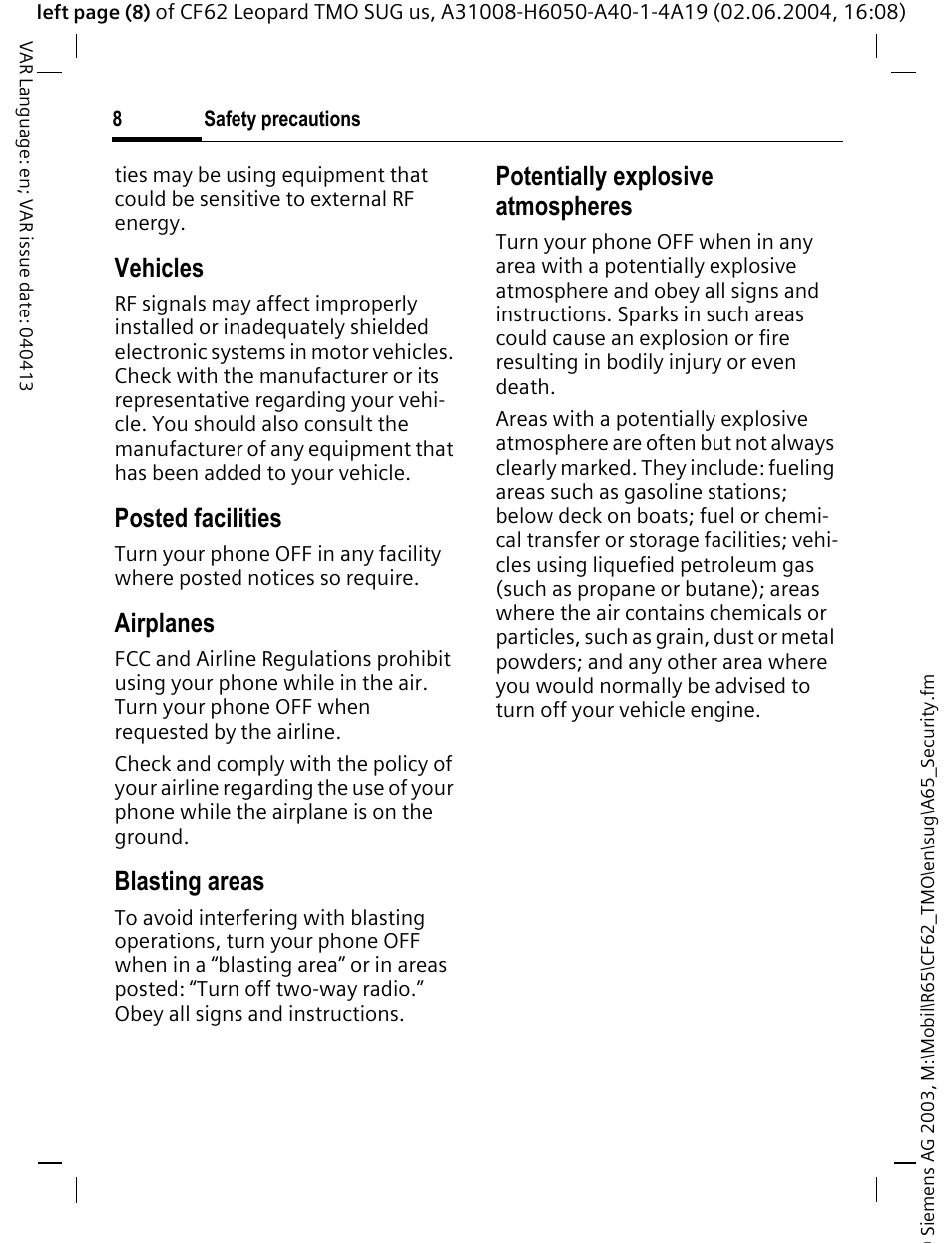 Vehicles, Posted facilities, Airplanes | Blasting areas, Potentially explosive atmospheres | Siemens Mobile User Manual | Page 8 / 99