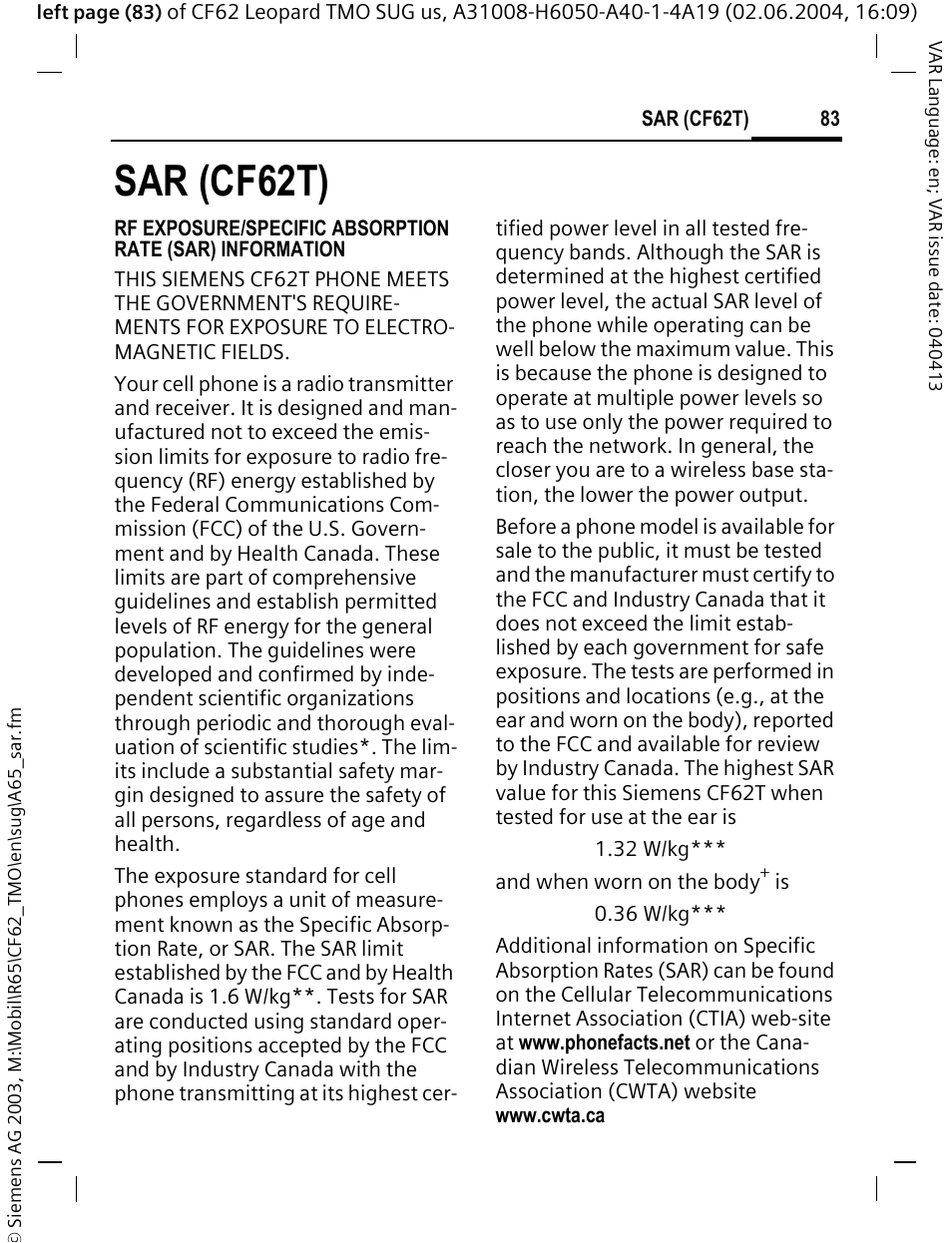 Sar (cf62t) | Siemens Mobile User Manual | Page 83 / 99