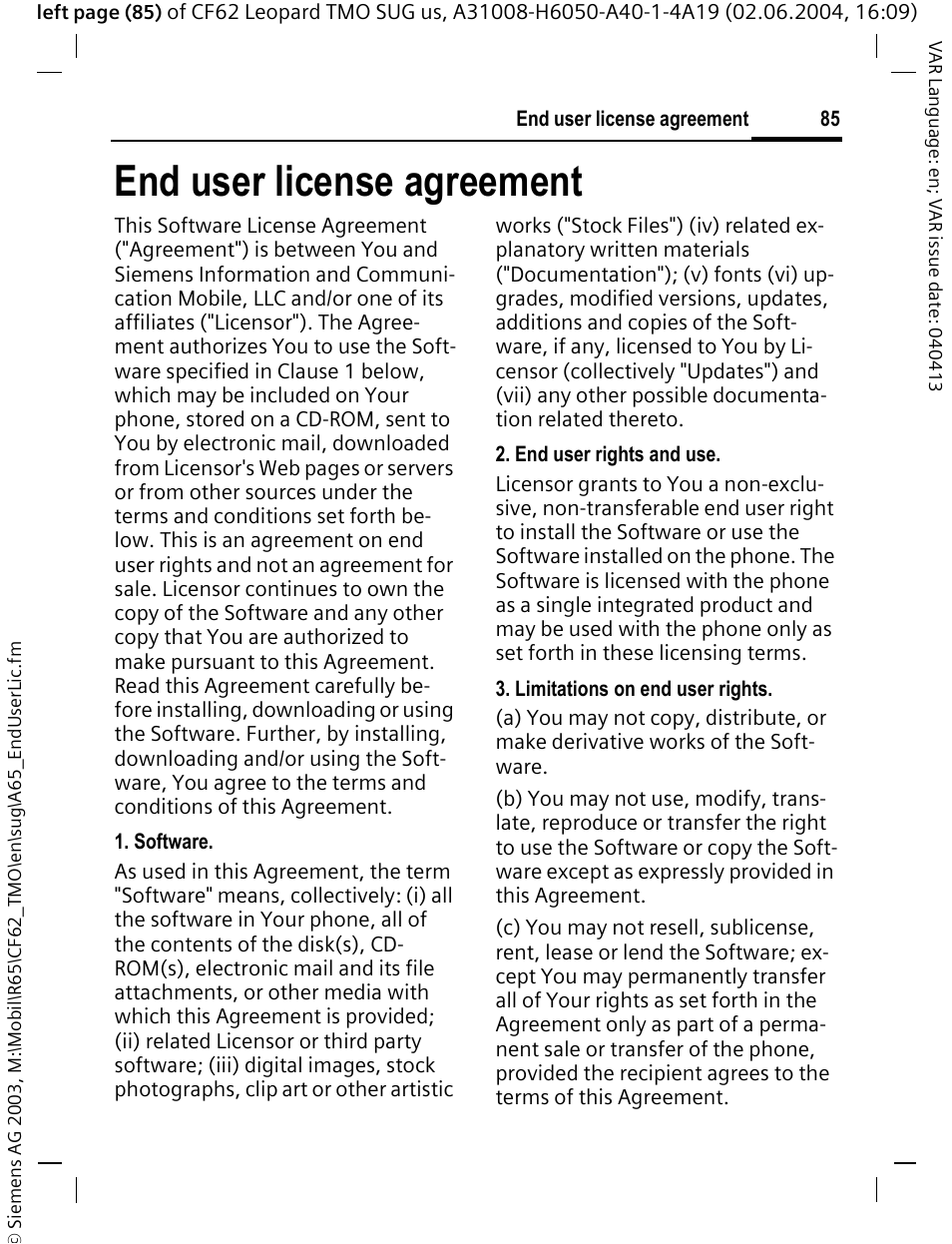 End user license agreement | Siemens Mobile User Manual | Page 85 / 99