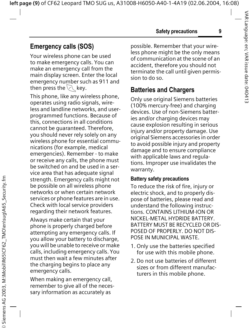 Emergency calls (sos), Batteries and chargers | Siemens Mobile User Manual | Page 9 / 99