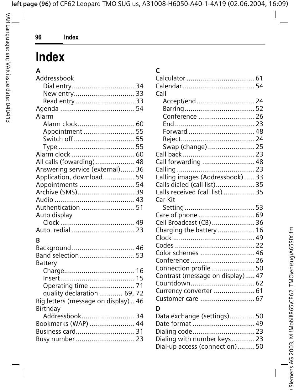 Index | Siemens Mobile User Manual | Page 96 / 99