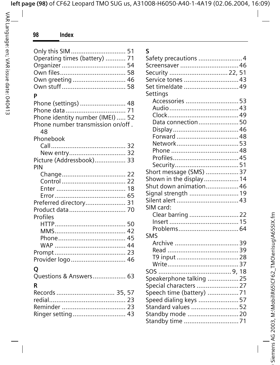 Siemens Mobile User Manual | Page 98 / 99