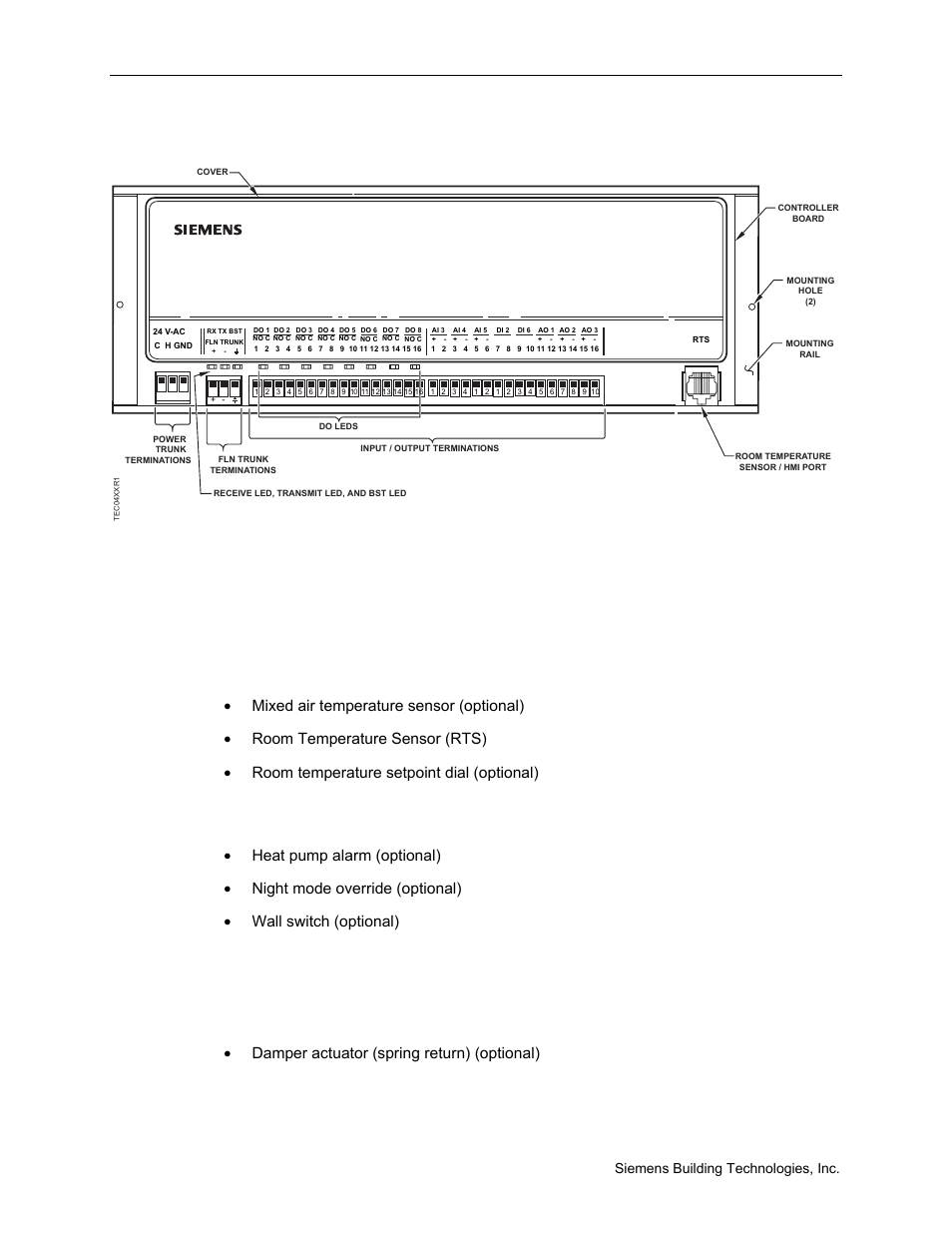 Hardware inputs, Hardware outputs, Analog | Digital, Damper actuator (spring return) (optional), 2siemens building technologies, inc | Siemens BACNET 125-699 User Manual | Page 10 / 43