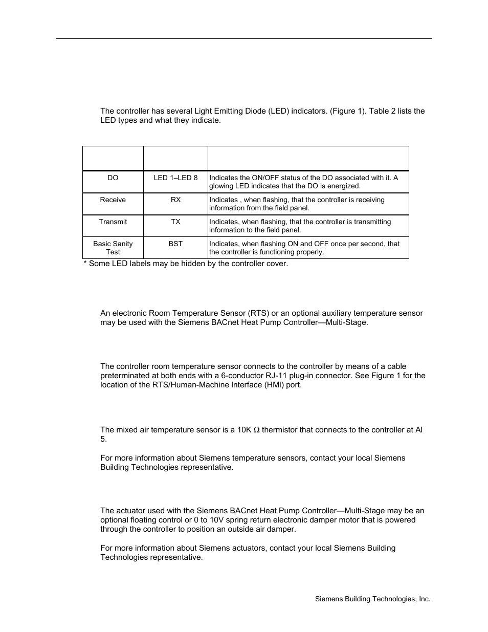 Controller led indicators, Temperature sensors, Actuators | Siemens BACNET 125-699 User Manual | Page 12 / 43