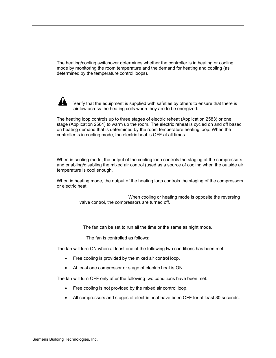 Heating and cooling switchover, Electric reheat, Compressor operation | Fan operation | Siemens BACNET 125-699 User Manual | Page 17 / 43