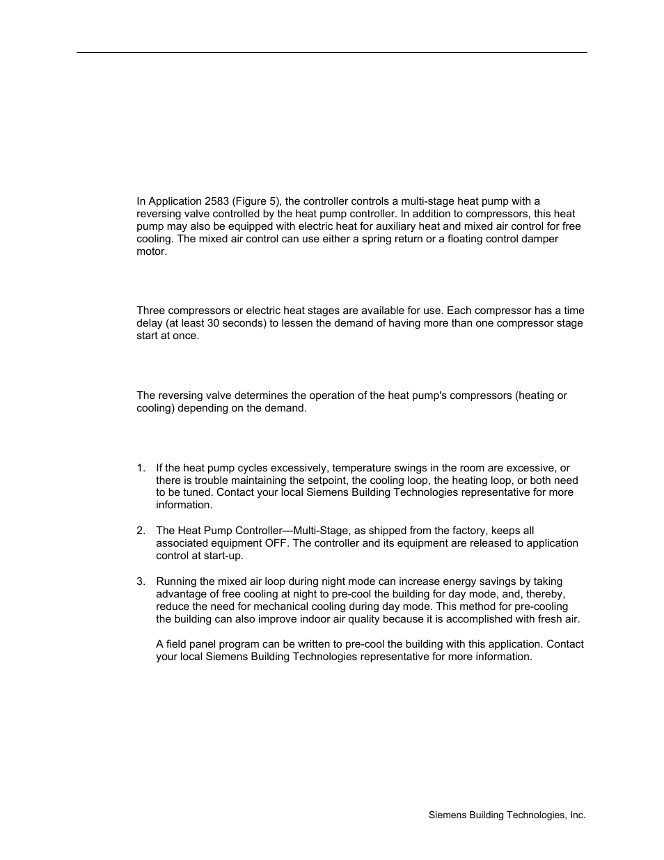 Compressor staging, Reversing valve operation | Siemens BACNET 125-699 User Manual | Page 20 / 43