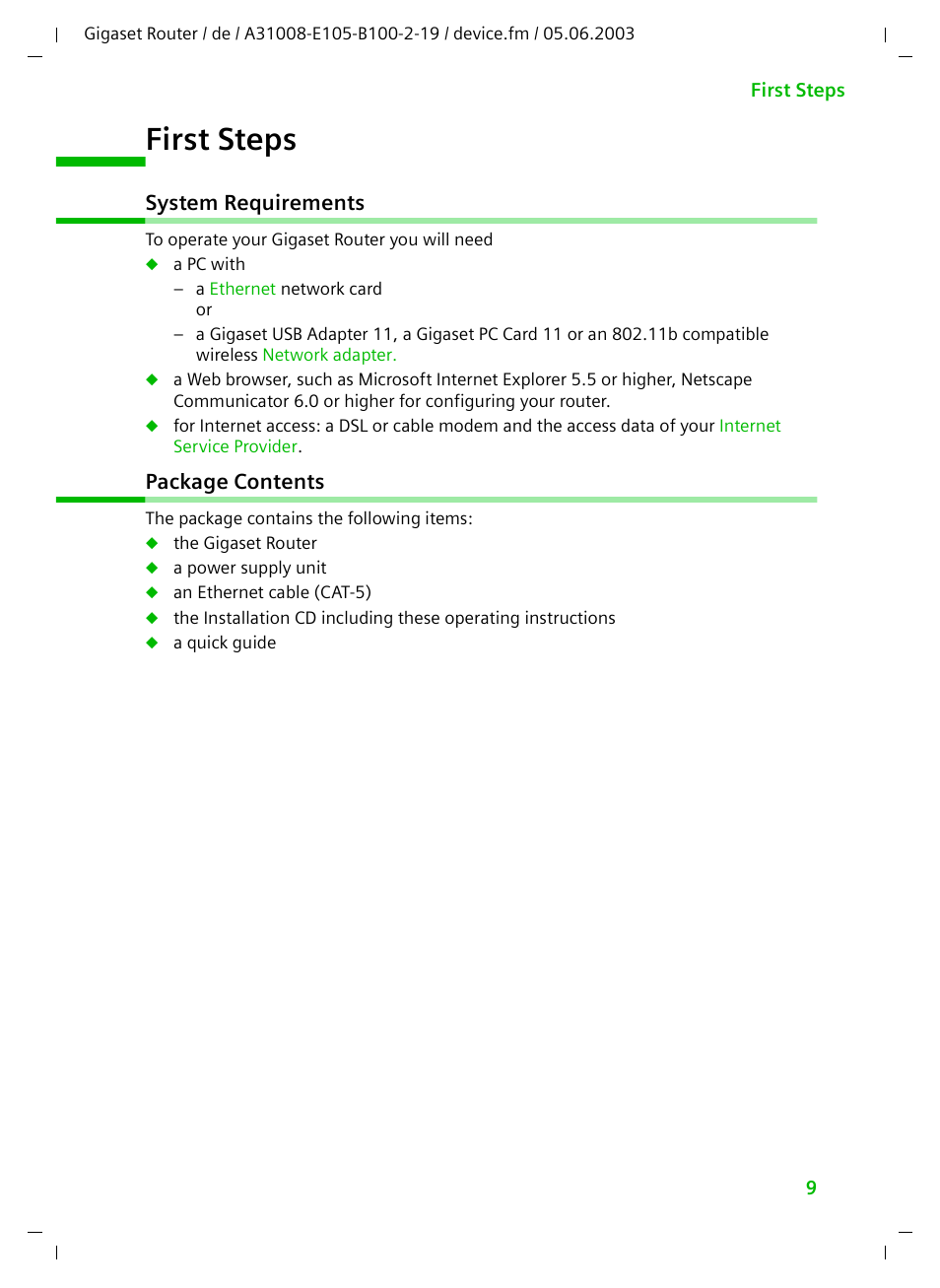 First steps, System requirements, Package contents | System requirements package contents | Siemens SE105 User Manual | Page 10 / 115