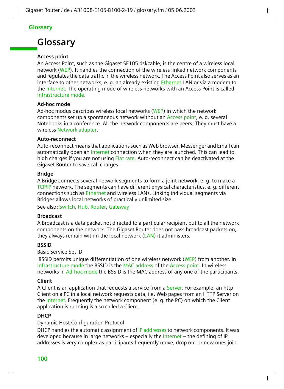 Glossary, Ad-hoc mode, Dhcp | Client, Access point, Bridge, Auto-reconnect | Siemens SE105 User Manual | Page 101 / 115