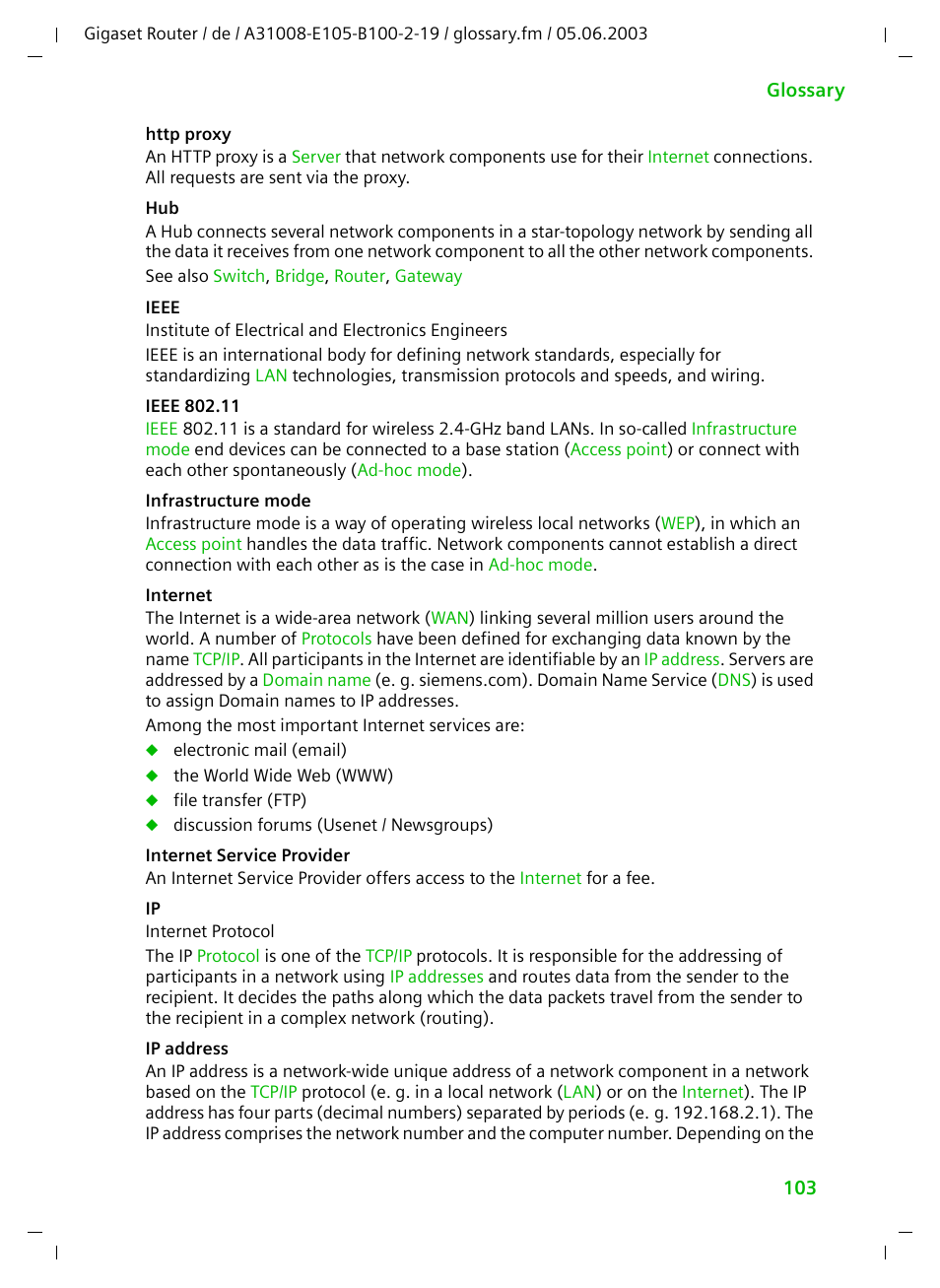 Internet, Ieee 802.11, Infrastructure mode | Ip address, Service provider, Internet service provider, Ip addresse | Siemens SE105 User Manual | Page 104 / 115