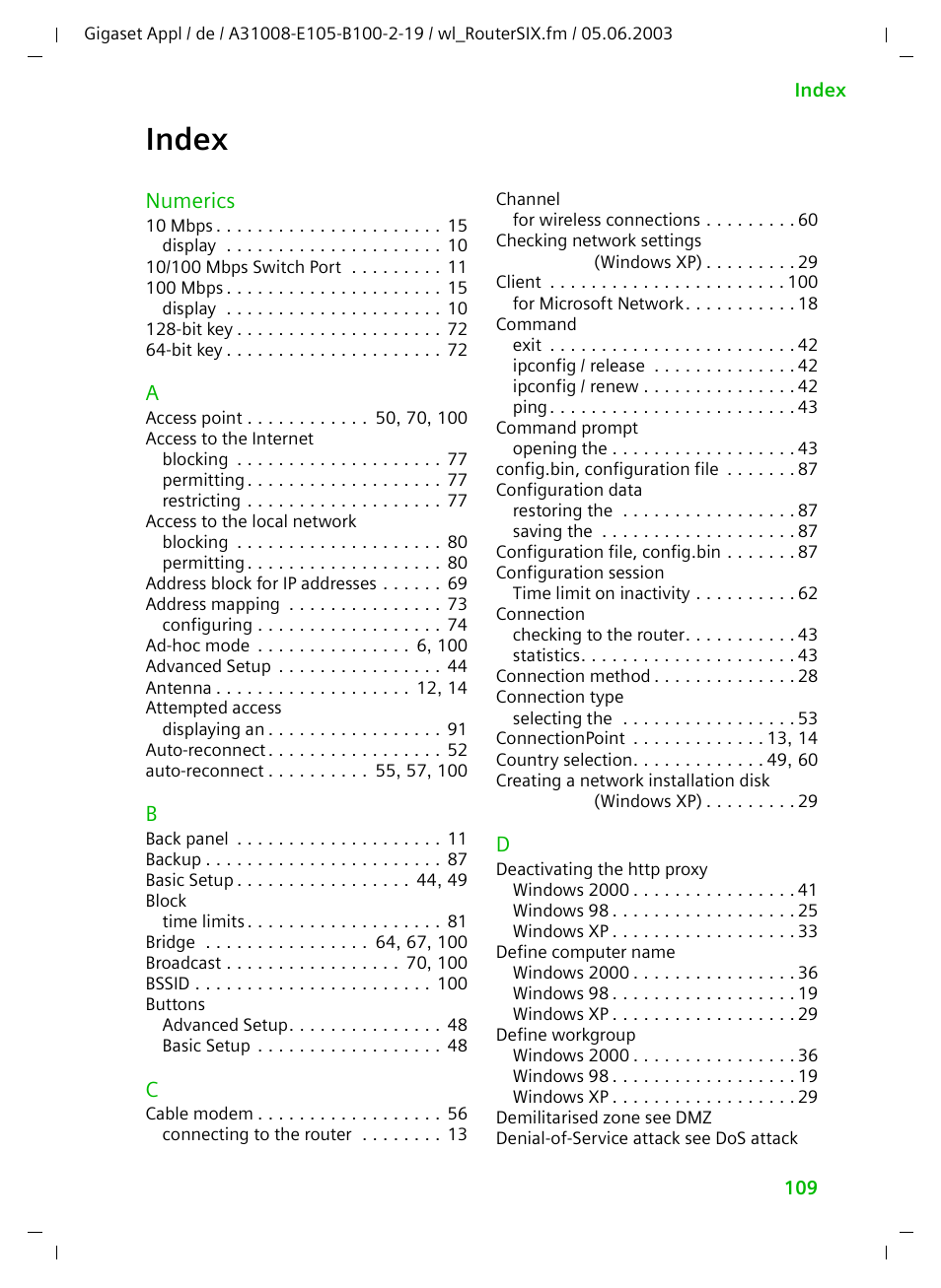 Index | Siemens SE105 User Manual | Page 110 / 115