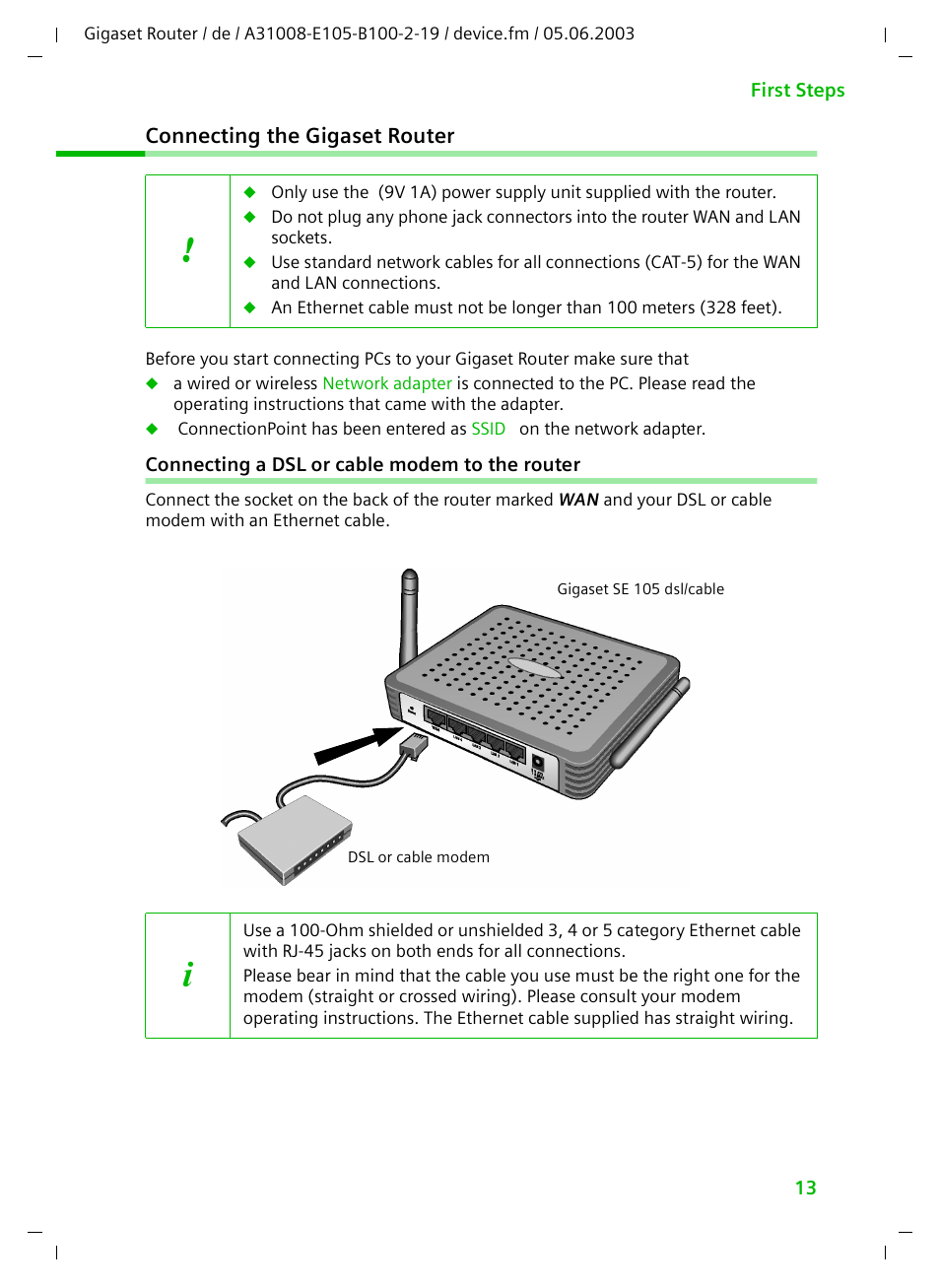 Connecting the gigaset router, Connecting a dsl or cable modem to the router | Siemens SE105 User Manual | Page 14 / 115