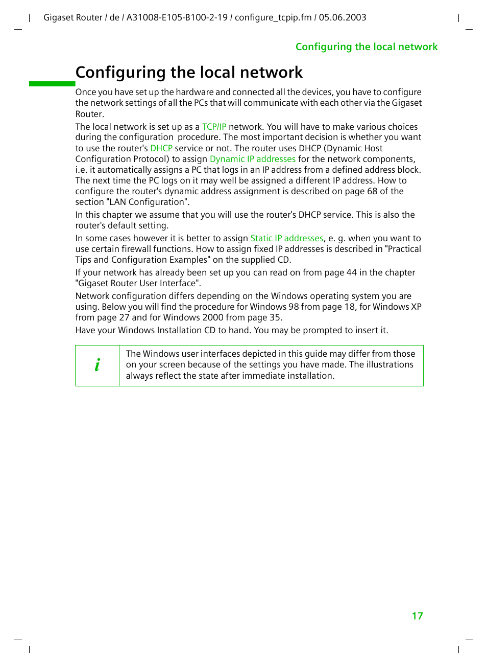 Configuring the local network | Siemens SE105 User Manual | Page 18 / 115