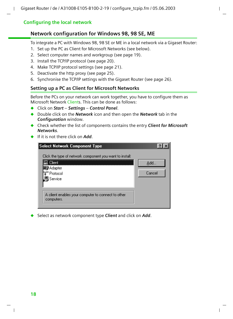 Network configuration for windows 98, 98 se, me, Setting up a pc as client for microsoft networks | Siemens SE105 User Manual | Page 19 / 115