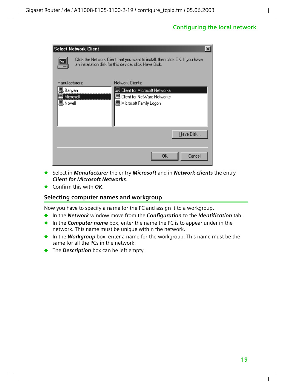 Selecting computer names and workgroup | Siemens SE105 User Manual | Page 20 / 115