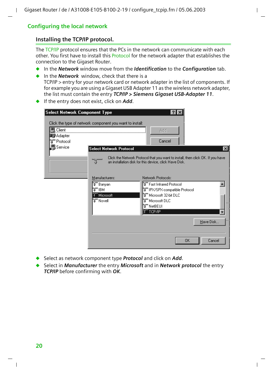 Installing the tcp/ip protocol | Siemens SE105 User Manual | Page 21 / 115