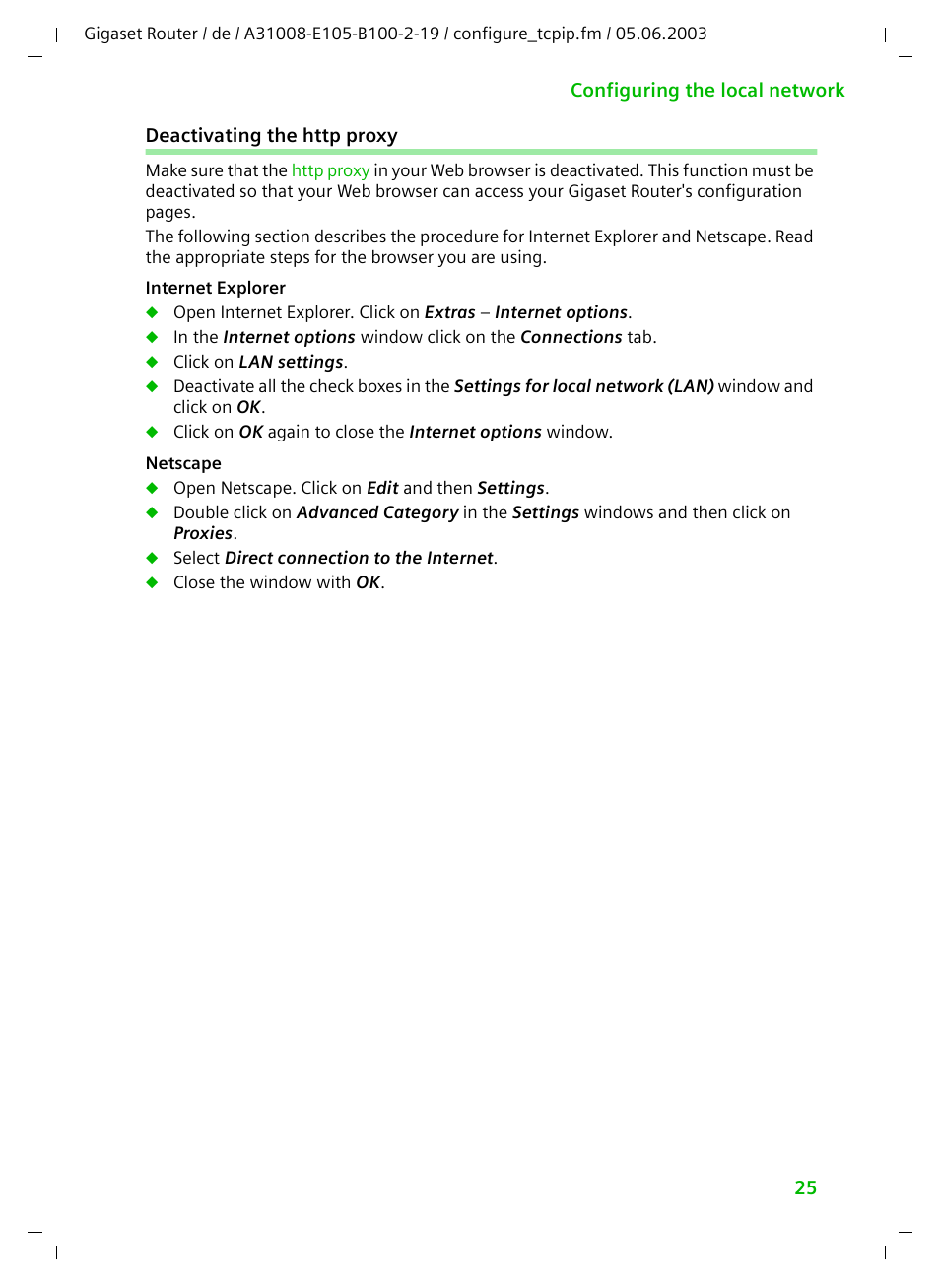 Deactivating the http proxy | Siemens SE105 User Manual | Page 26 / 115