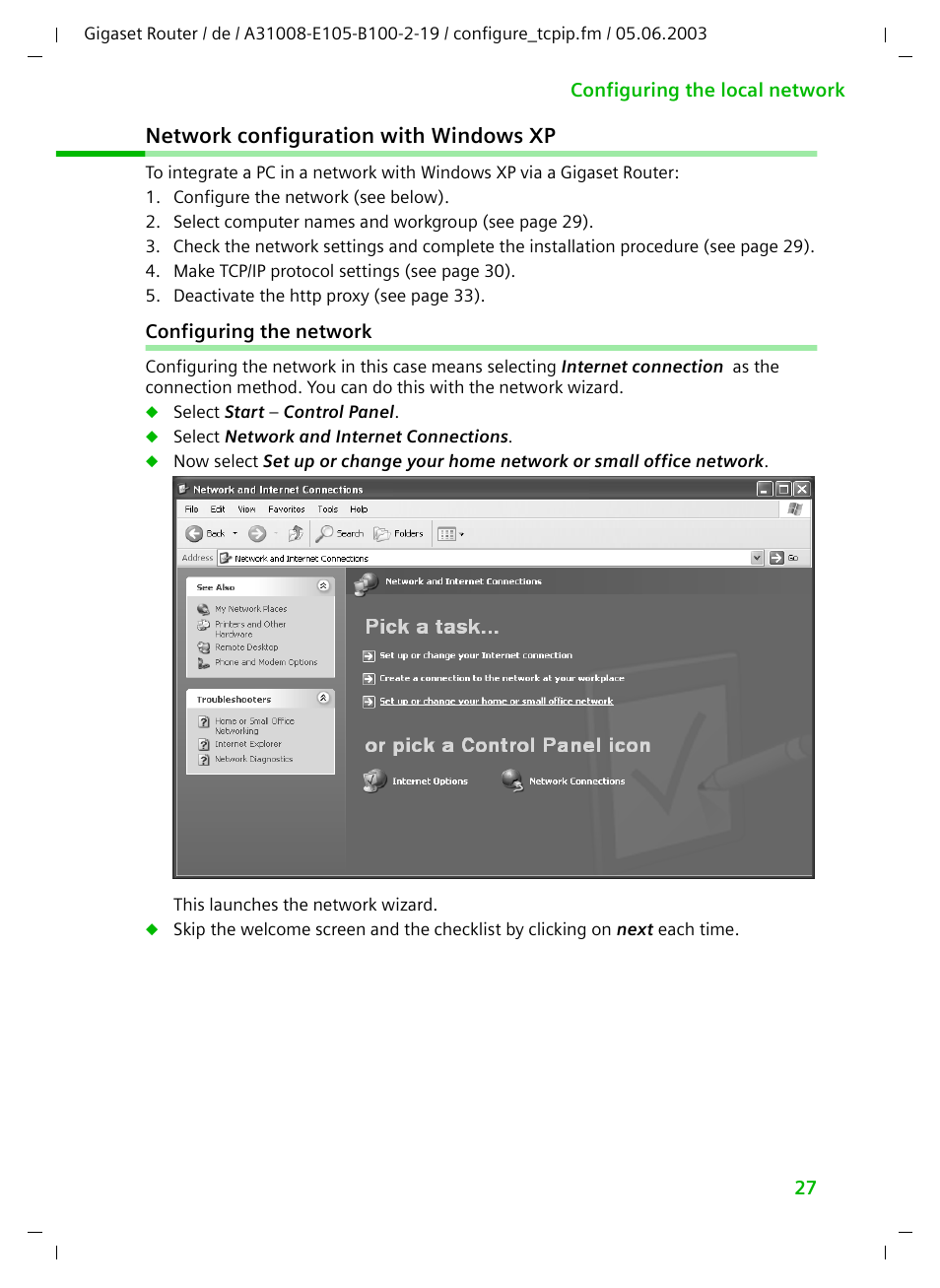 Network configuration with windows xp, Configuring the network | Siemens SE105 User Manual | Page 28 / 115