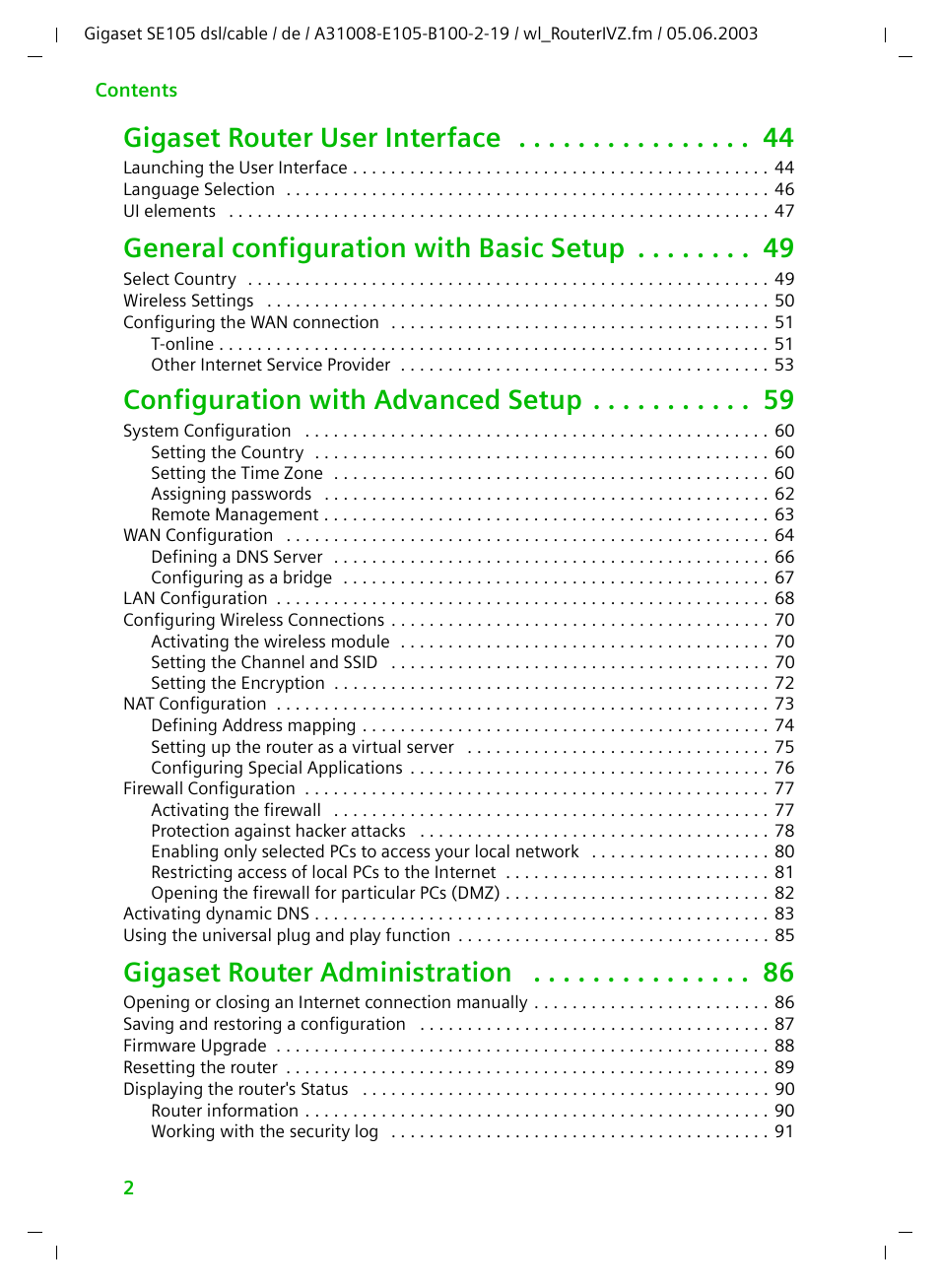 Gigaset router user interface, General configuration with basic setup, Configuration with advanced setup | Gigaset router administration | Siemens SE105 User Manual | Page 3 / 115