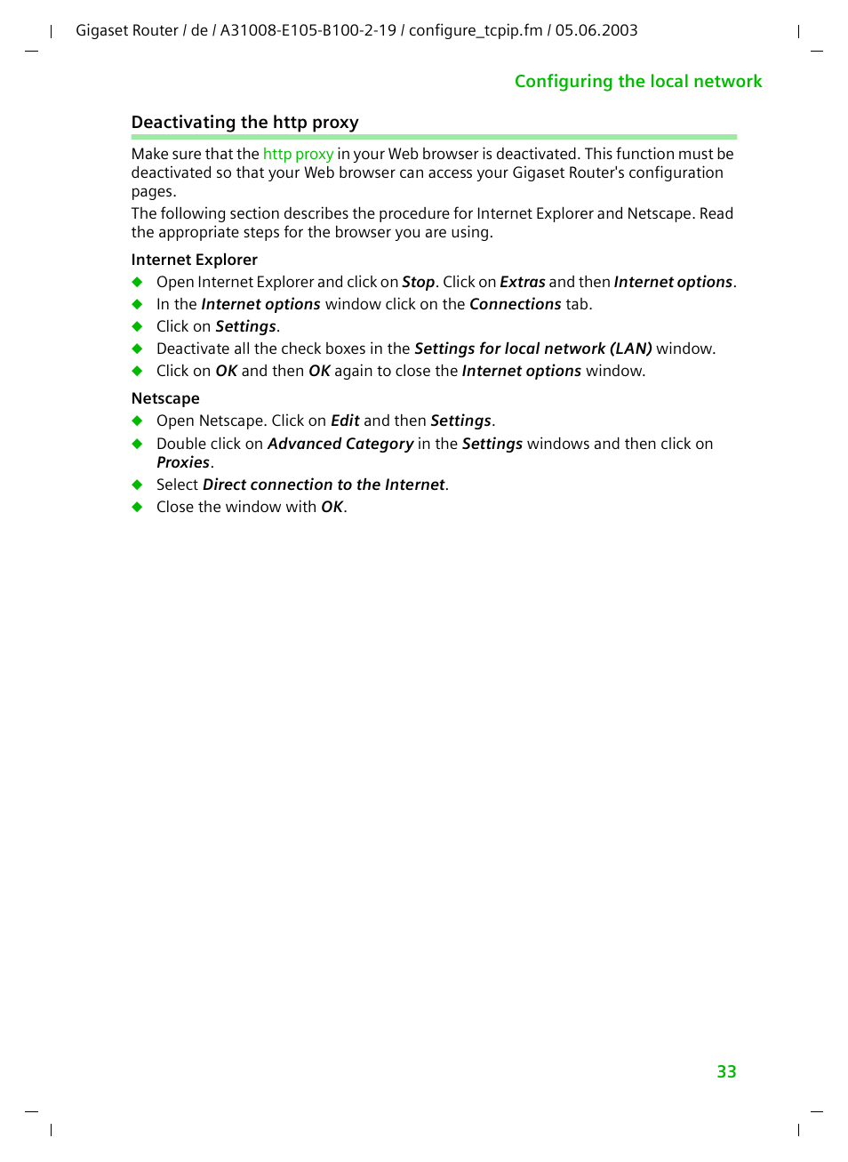 Deactivating the http proxy | Siemens SE105 User Manual | Page 34 / 115