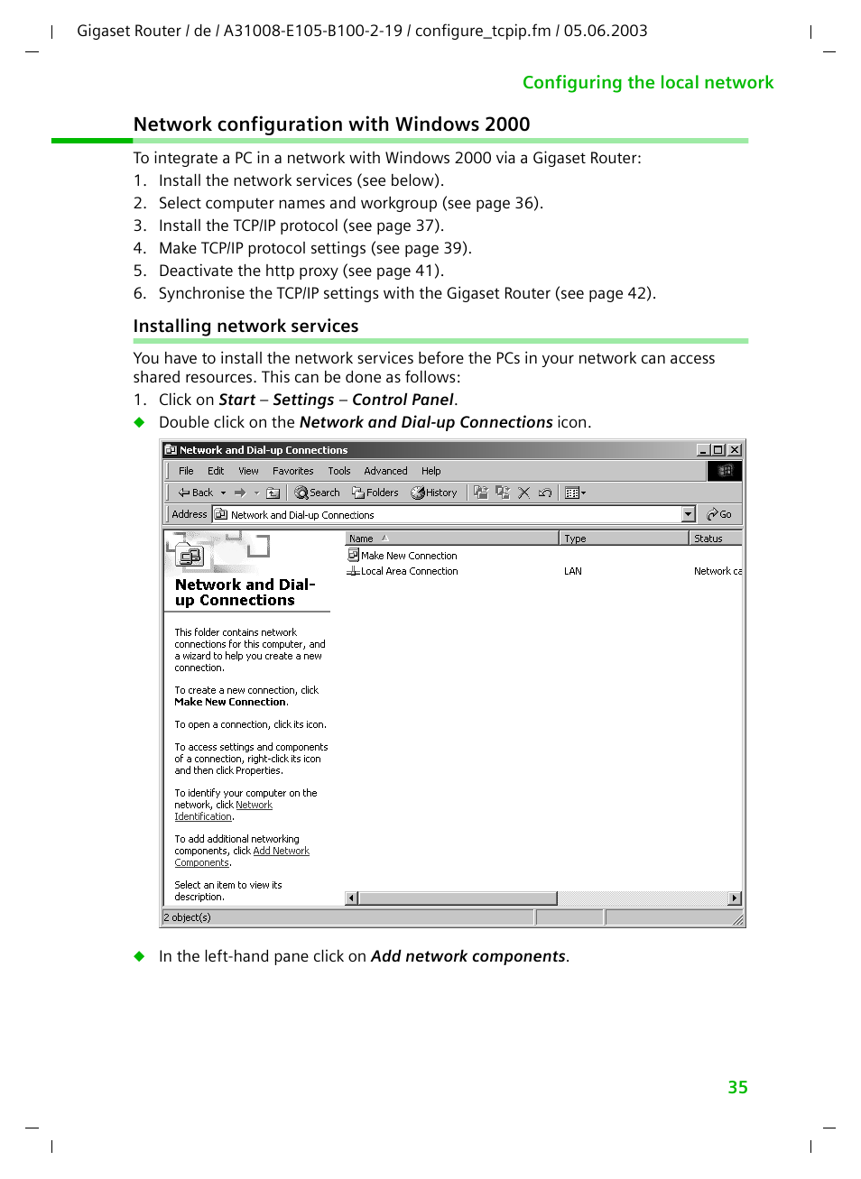 Network configuration with windows 2000, Installing network services | Siemens SE105 User Manual | Page 36 / 115