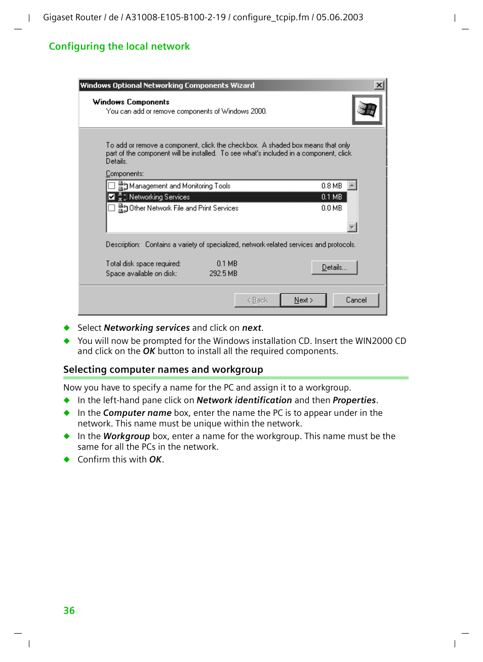 Selecting computer names and workgroup | Siemens SE105 User Manual | Page 37 / 115