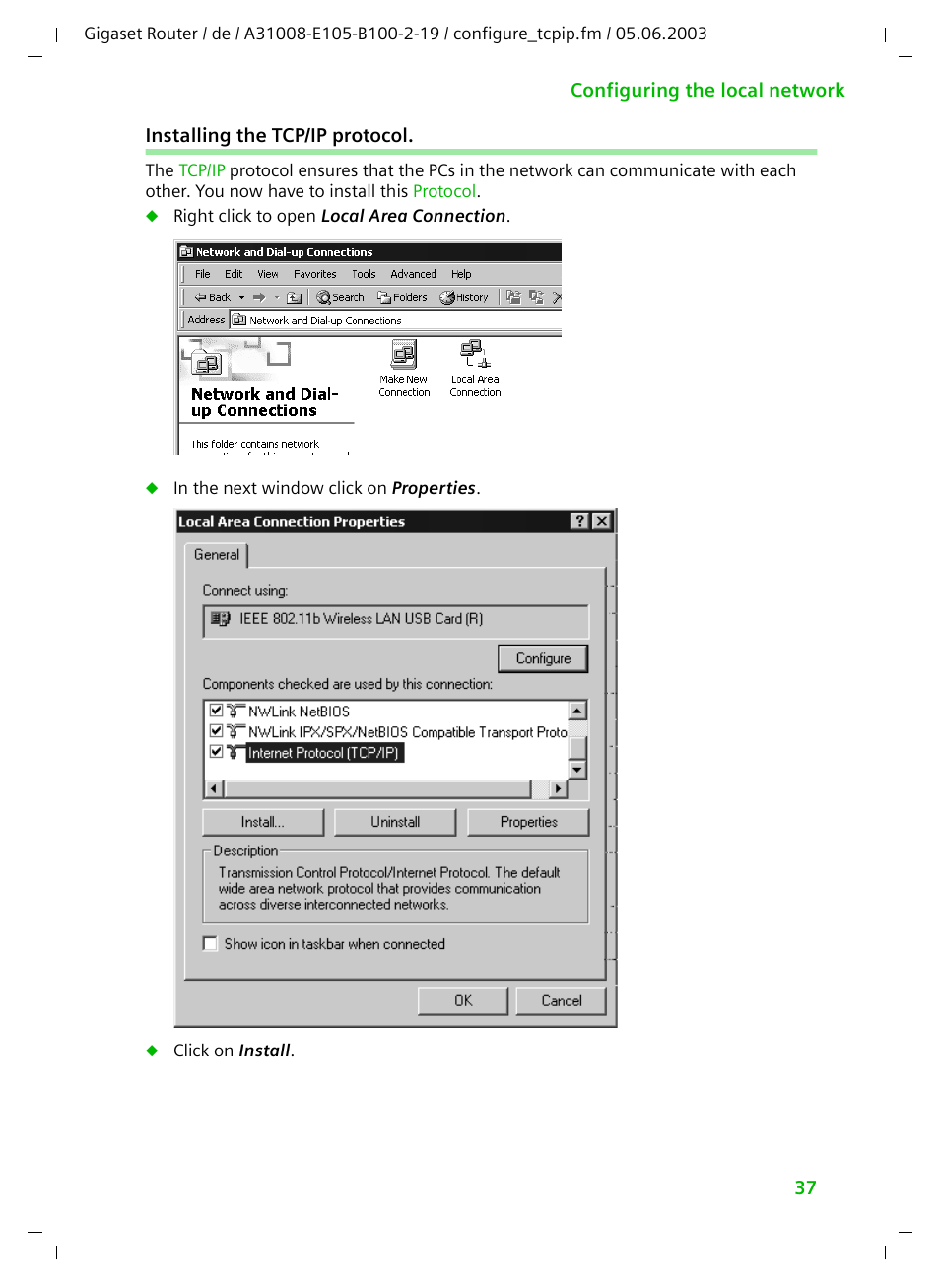 Installing the tcp/ip protocol | Siemens SE105 User Manual | Page 38 / 115