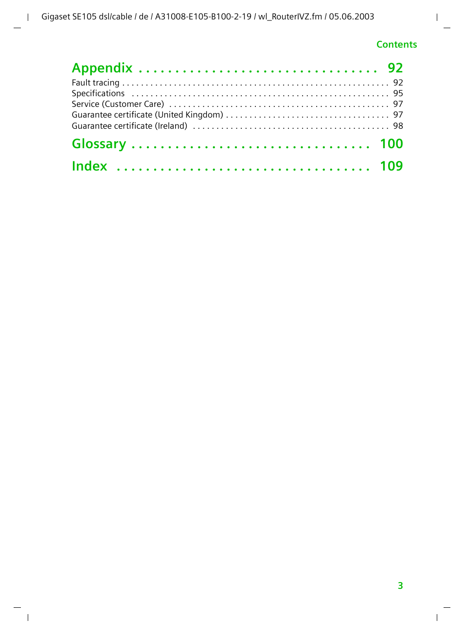 Appendix, Glossary index | Siemens SE105 User Manual | Page 4 / 115