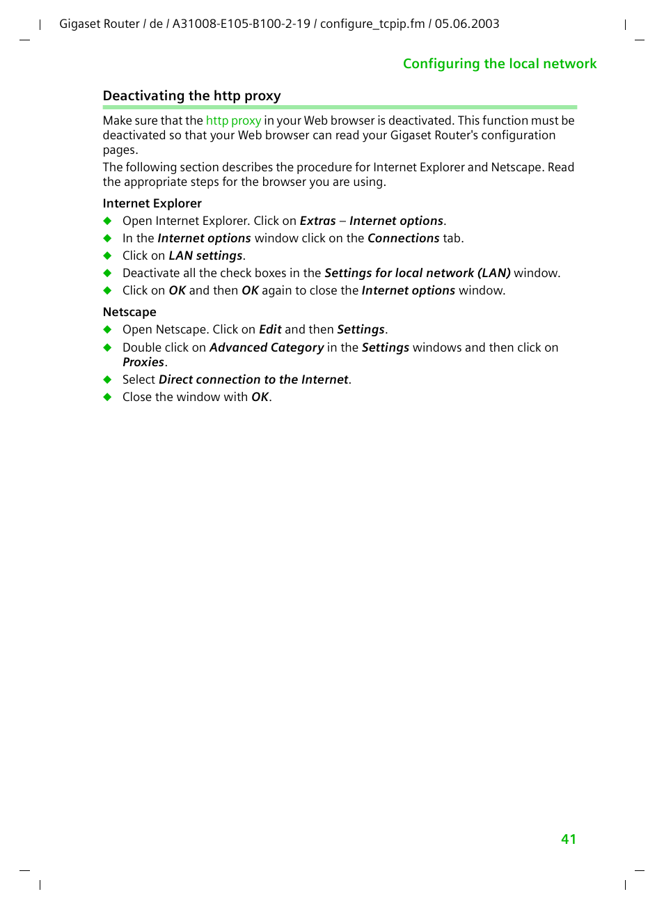 Deactivating the http proxy | Siemens SE105 User Manual | Page 42 / 115