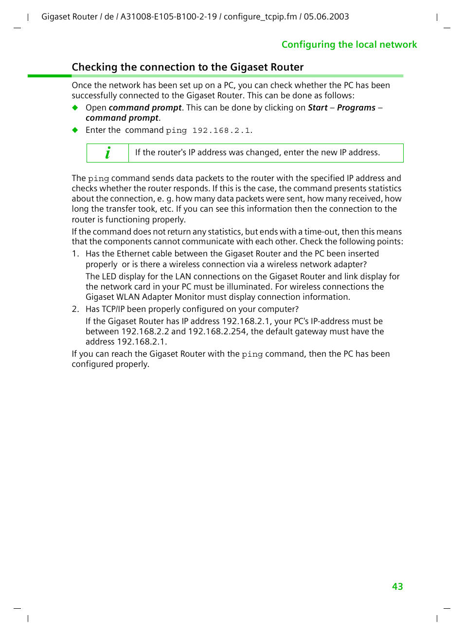 Checking the connection to the gigaset router | Siemens SE105 User Manual | Page 44 / 115