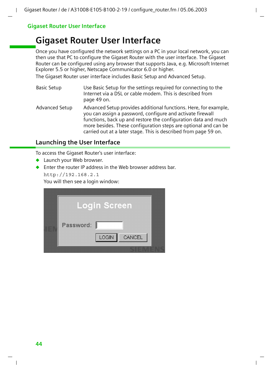 Gigaset router user interface, Launching the user interface | Siemens SE105 User Manual | Page 45 / 115