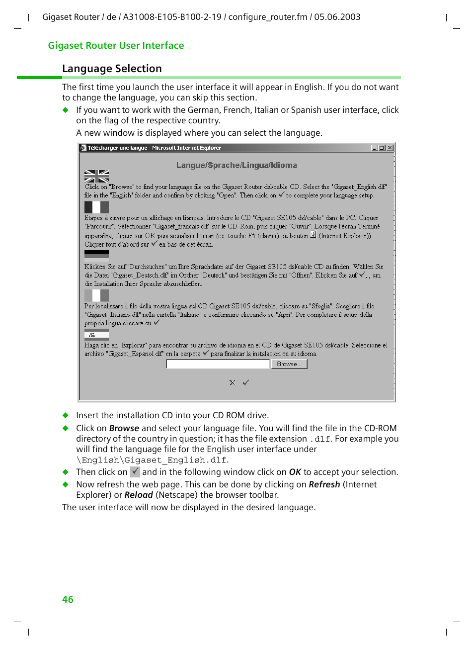 Language selection | Siemens SE105 User Manual | Page 47 / 115