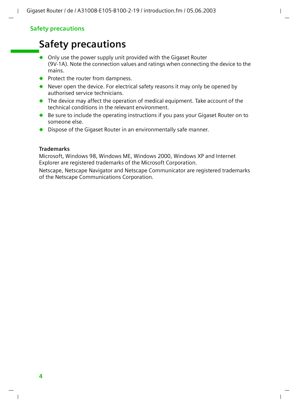 Safety precautions | Siemens SE105 User Manual | Page 5 / 115